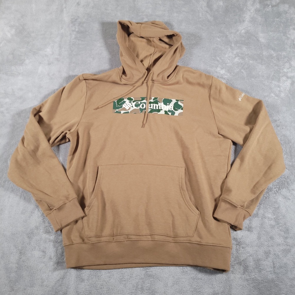 Columbia Hoodie Mens Medium Tan Camo Box Logo Pullover Sweatshirt Outdoor Pocket